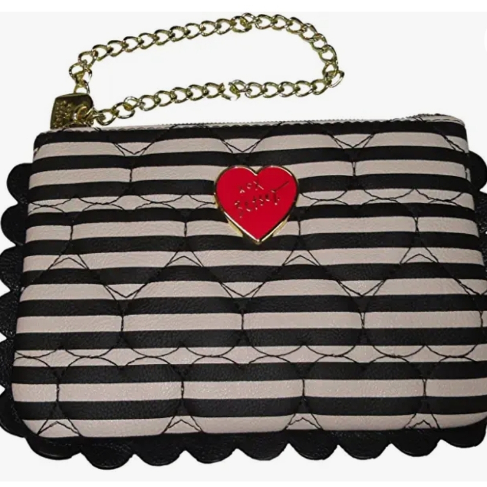 Betsey Johnson Scallop Wristlet Clutch Handbag Black White Stripes & Dots